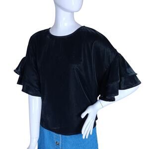 Amaryllis Velvet Ruffle Sleeves Top Size Medium Black Elegant Night Out